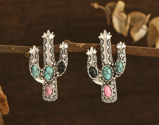 Turquoise and Pink Cactus Studs